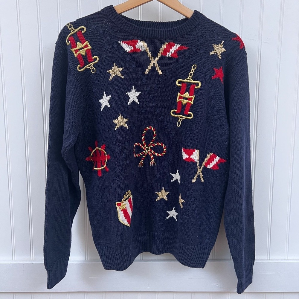 Alfred Dunner Women's Sweater Nautical Coastal Novelty Knit Navy Embroidered